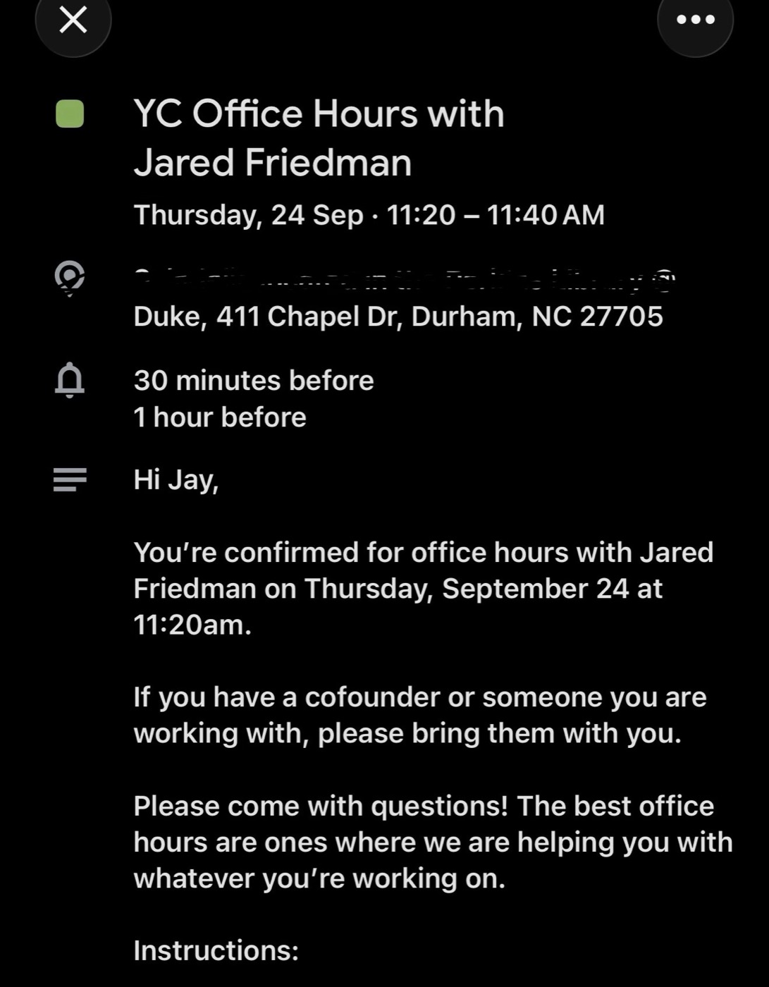Calendar invite: YC Office Hours with Jared Friedman, Thursday 24 Sep